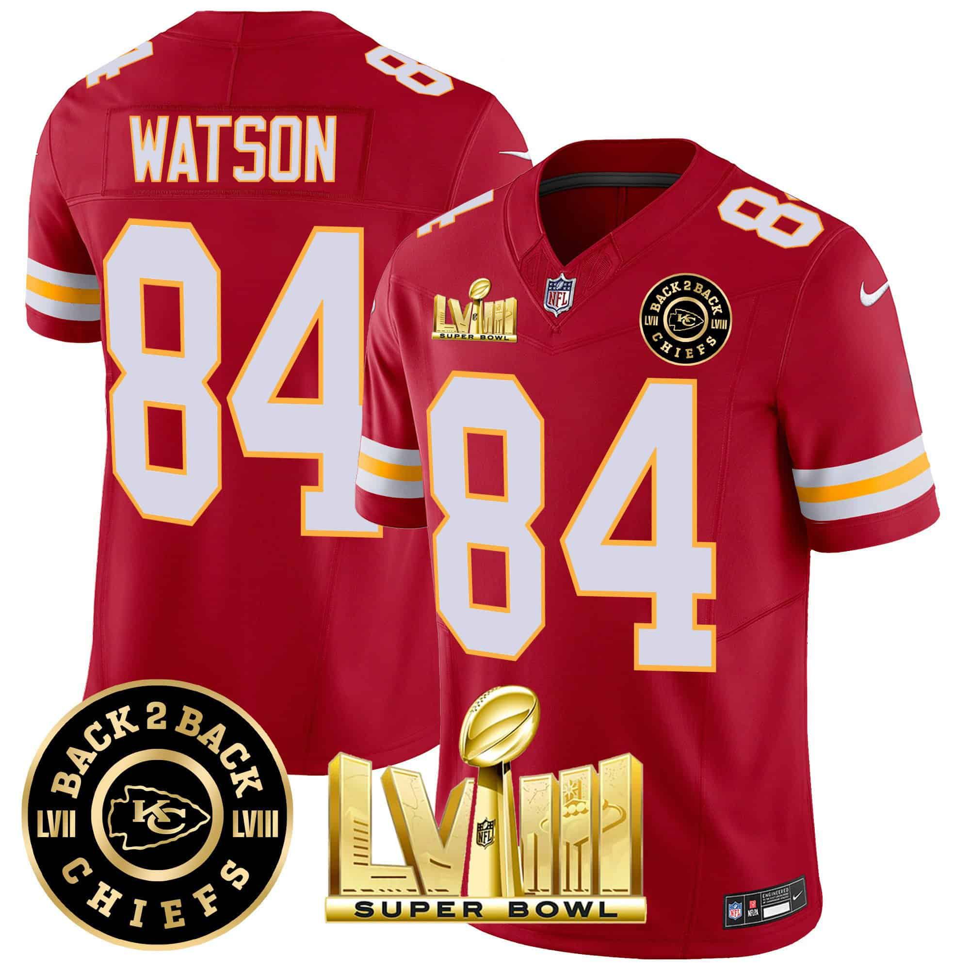 Men Kansas City Chiefs 84 Watson Red 2024 Nike Super Bowl LVIII & Back 2 Back Patch Vapor NFL Jersey style 3
